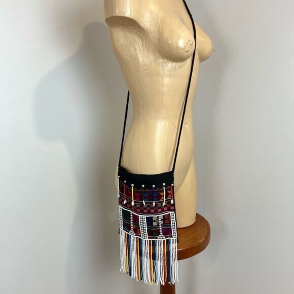 Vintage Handmade Seed Bead Purse Tapestry Cowrie Puka Shells Crossbody Bag - Picture 12 of 16